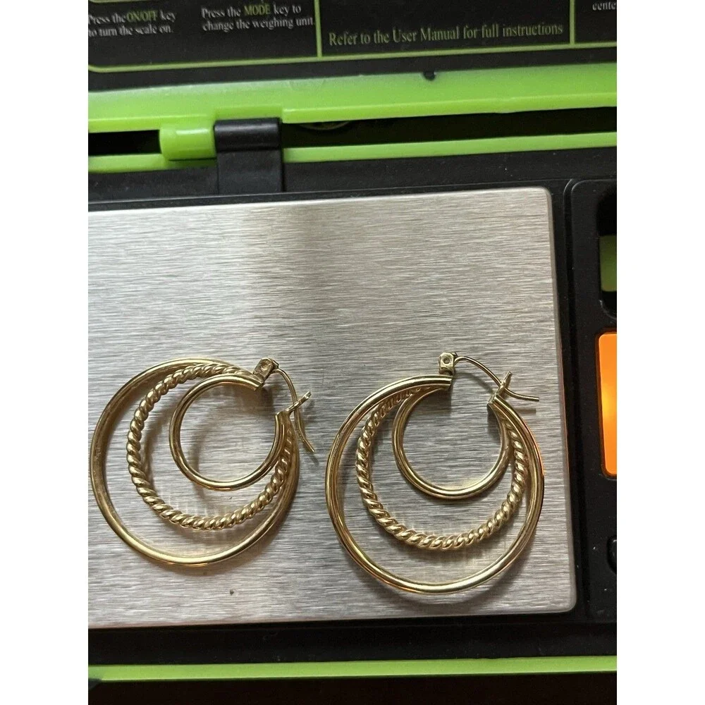 Vintage 14k Yellow Gold Triple Hoop Loop Earrings 3 Hoop Textured 4.3g Grams